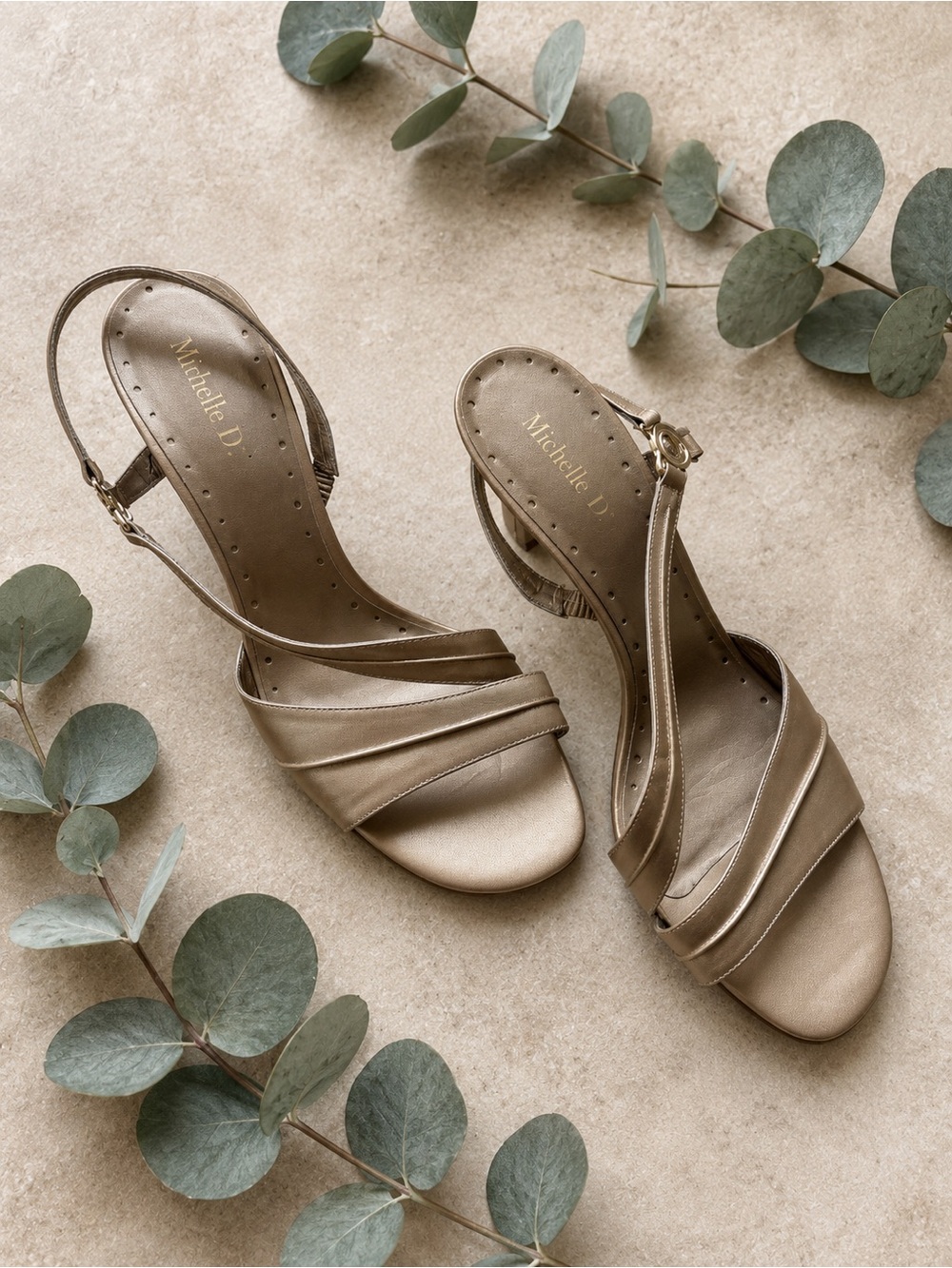 Michelle D Shimmery Gold Strappy Slingback Heels Size 9